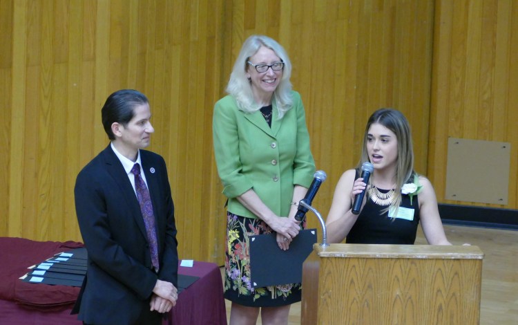 From left, Dean Saúl Jiménez-Sandoval, Associate Dean Honora Chapman and Dean's Medalist Cathleen Fagundes.