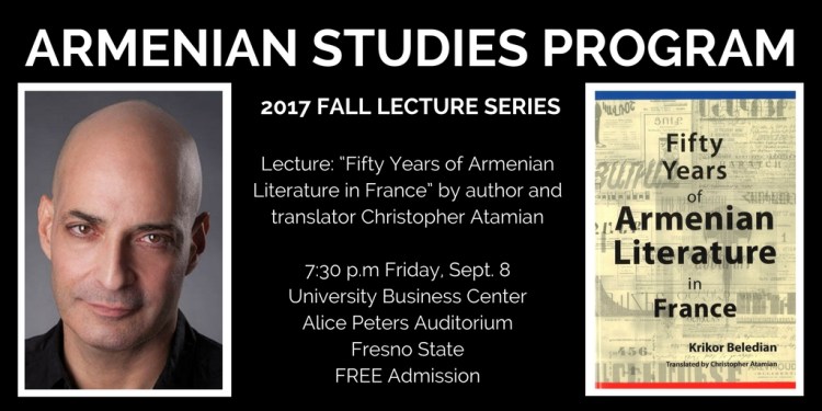 Graphic design depicting Christopher Atamian and book cover of "Fifty Years of Armenian Literature in France"