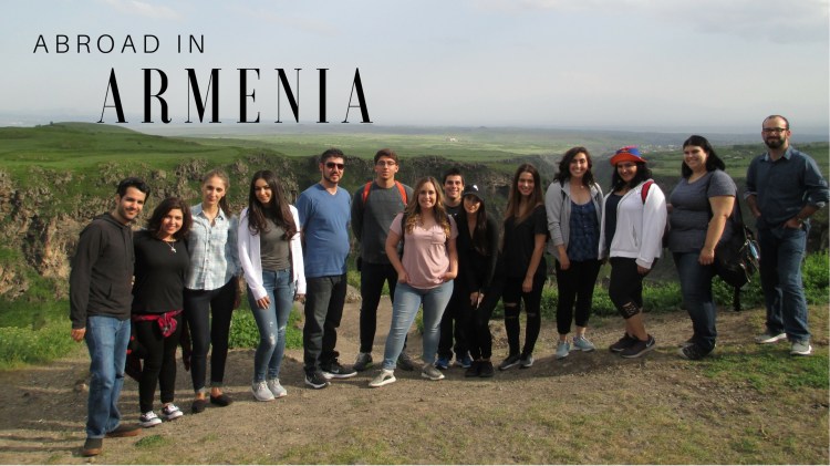 "Abroad in Armenia" - The students pose for a photo in the green, scenic hills of Armenia.