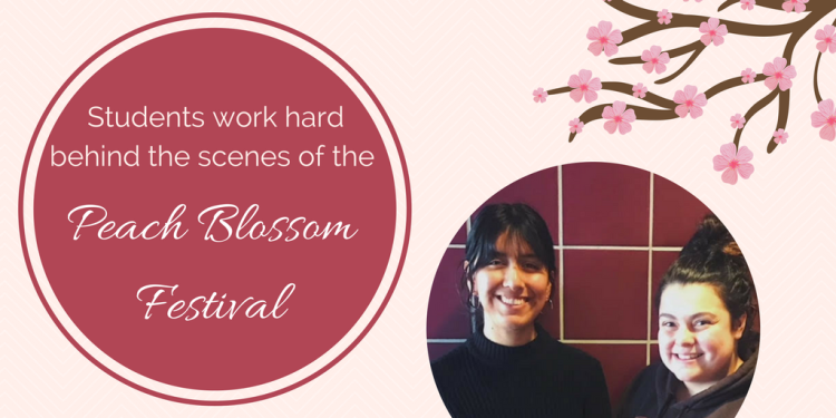 Students work hard behind the scenes of the Peach Blossom Festival. Students pictured are Liz Arredondo and Ashley White-Delk.