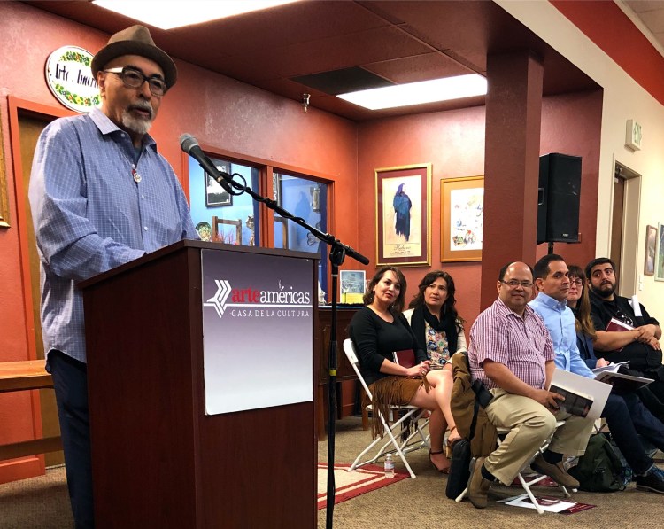 Juan Felipe Herrera speaks at a national poetry symposium, “Together We’ll Be a Song: A Celebration of Andrés Montoya.”