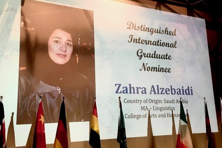 Distinguished International Graduate Nominee Zahra Alzebaidi. Country of Origin: Saudi Arabia. MA-Linguistics. College of Arts and Humanities