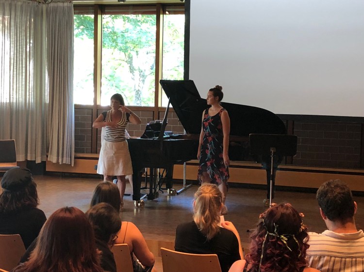 Fresno State Sophomore Voice Major Jayci Cozad from Riverdale CA works on German Lieder with Prof. Céline Dutilly of the Munich Hochschule für Music at CSU Summer Arts in Trossingen Germany 7/30/18.