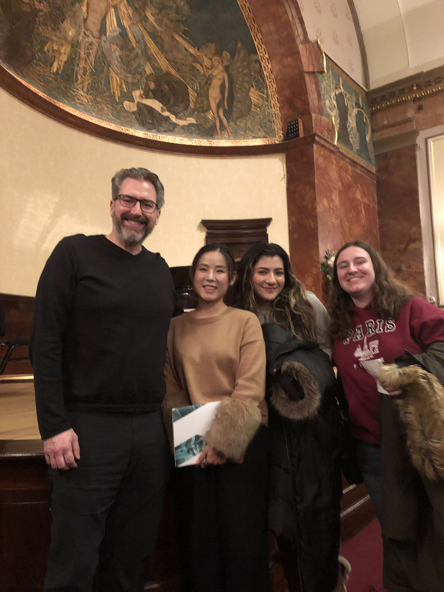 Dr. Radford with voice students Yuxi Liu, Jillian Avila and Heather Welcher on the London trip at a voice recital at Wigmore Hall.