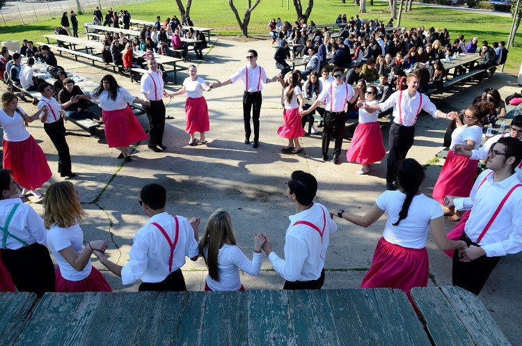 Traditional Portuguese dancing during Tulare Union High School visit in 2017