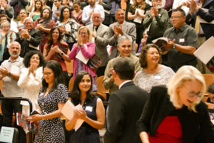 Applause after announcement that Dr. Saúl Jiménez-Sandoval will serve as Fresno State's next provost and vice president for Academic Affairs.