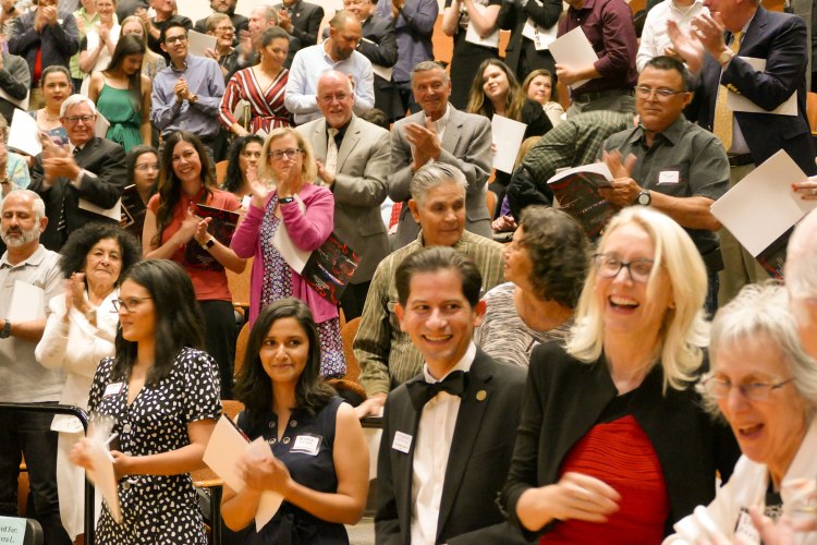 Applause after announcement that Dr. Saúl Jiménez-Sandoval will serve as Fresno State's next provost and vice president for Academic Affairs.