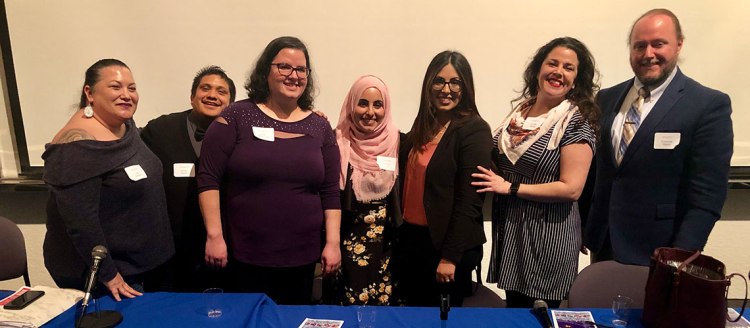 Fresno State alumni Erin Álvarez, Zoyer Zyndel, Lena Mahmoud, Neama Alamri, Leila Alamri-Kassim, Carrie Ayala, and Jeremiah Henry returned to campus to lead an alumni roundtable discussion on how the English Department’s annual UCMLA conference has impacted their lives.