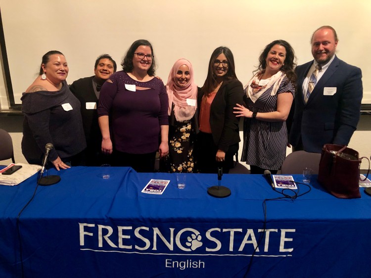 Fresno State alumni Erin Álvarez, Zoyer Zyndel, Lena Mahmoud, Neama Alamri, Leila Alamri-Kassim, Carrie Ayala, and Jeremiah Henry returned to campus to lead an alumni roundtable discussion on how the English Department’s annual UCMLA conference has impacted their lives.
