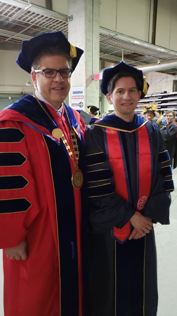 Fresno State President Joseph I. Castro with Dean of the College of Arts and Humanities Saúl Jiménez-Sandoval.