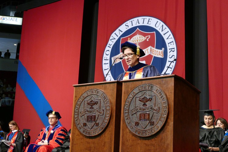 Dr. Saúl Jiménez-Sandoval, Dean of the College of Arts and Humanities, speaks during Convocation.