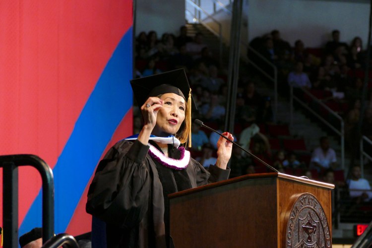 MCJ Alumna Janis Yanehiro speaks after receiving an Honorary Doctorate of Humane Letters.