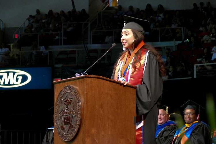 Primavera Leal Martinez speaks after receiving the President's Medal.