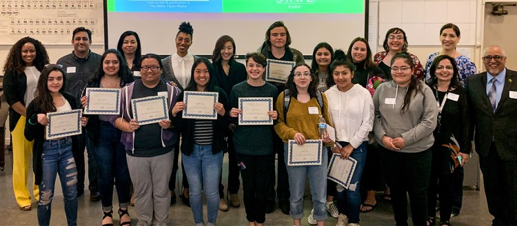 The inaugural Sherley Anne Williams and Lawson Fusao Inada Writing Contest winners pose for a picture with Fresno State Faculty and Edison High School instructors.