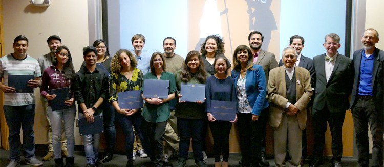 Fresno State students and faculty in front of the winning entry for the Gandhi’s Global Legacy Student Media Competition.