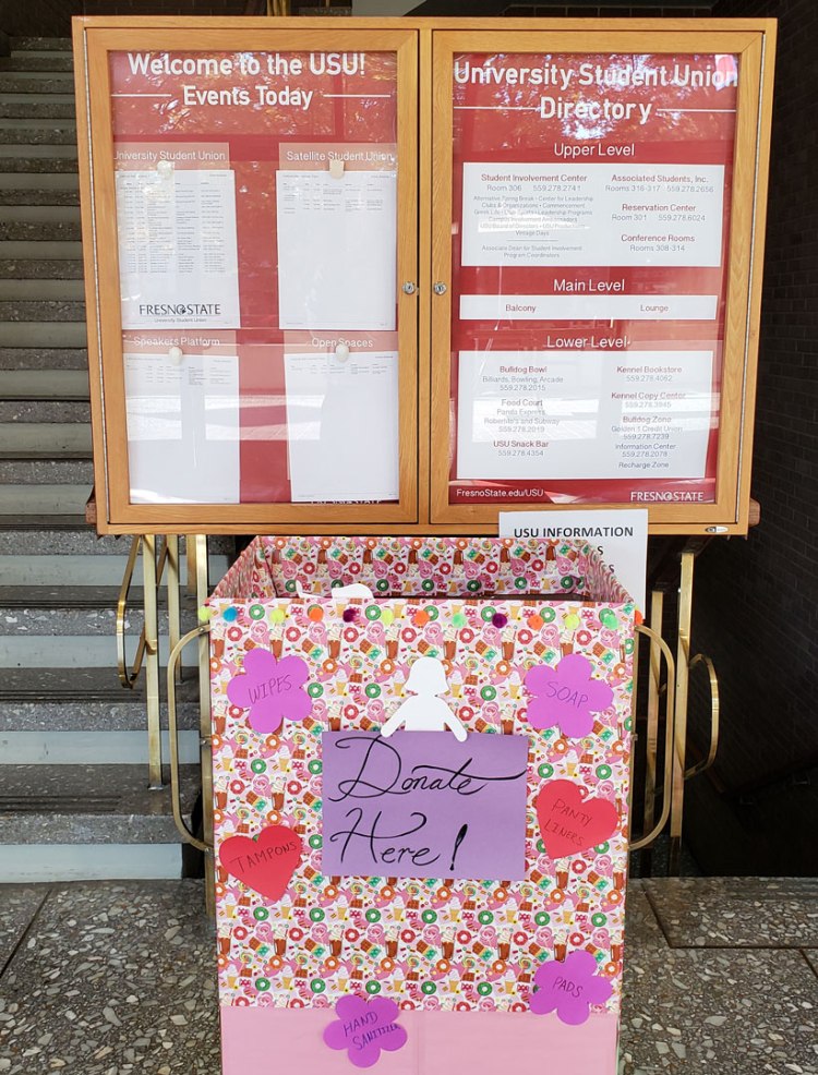 A student-made donation bin in the Fresno State University Student Union.
