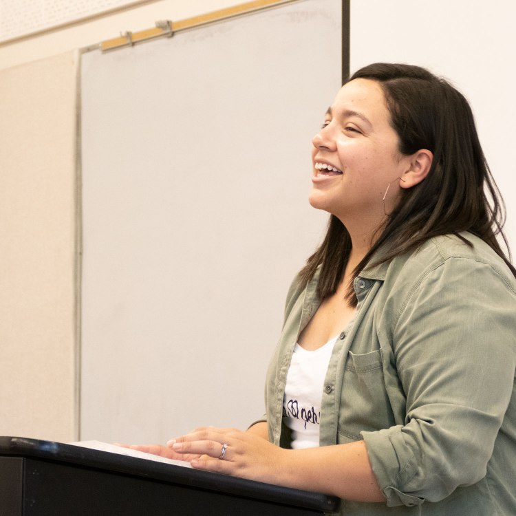 Fresno State alumnus Priscila Stanberry talks about her Better Period community initiative to the Comm 120 class.