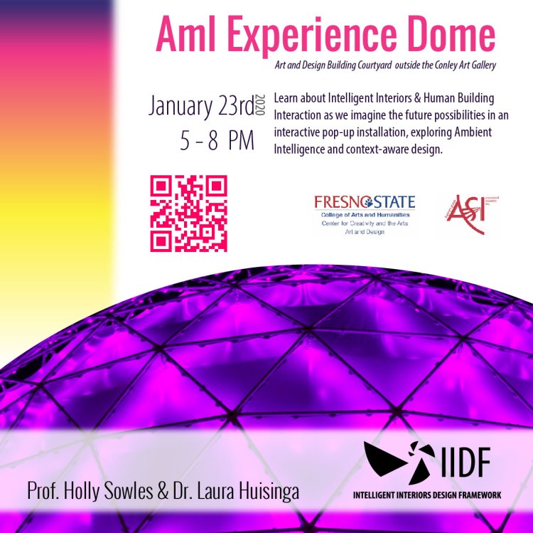 Event flyer: Aml Experience Dome. Learn about Intelligent Interiors and Human Building Interaction as we imagine the future possibilities in an interactive pop-up installation, exploring Ambient Intelligence and context-aware design.