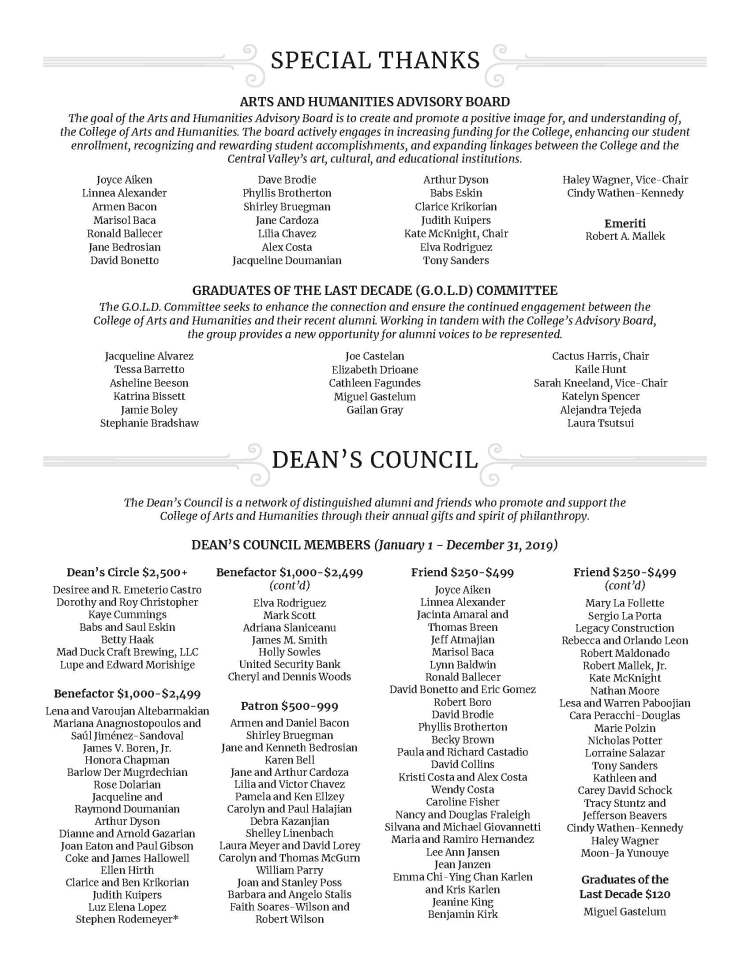 SPECIAL THANKS DEAN’S COUNCIL ARTS AND HUMANITIES ADVISORY BOARD The goal of the Arts and Humanities Advisory Board is to create and promote a positive image for, and understanding of, the College of Arts and Humanities. The board actively engages in increasing funding for the College, enhancing our student enrollment, recognizing and rewarding student accomplishments, and expanding linkages between the College and the Central Valley’s art, cultural, and educational institutions. GRADUATES OF THE LAST DECADE (G.O.L.D) COMMITTEE The G.O.L.D. Committee seeks to enhance the connection and ensure the continued engagement between the College of Arts and Humanities and their recent alumni. Working in tandem with the College’s Advisory Board, the group provides a new opportunity for alumni voices to be represented. The Dean’s Council is a network of distinguished alumni and friends who promote and support the College of Arts and Humanities through their annual gifts and spirit of philanthropy. DEAN’S COUNCIL MEMBERS (January 1 - December 31, 2019) Joyce Aiken Linnea Alexander Armen Bacon Marisol Baca Ronald Ballecer Jane Bedrosian David Bonetto Jacqueline Alvarez Tessa Barretto Asheline Beeson Katrina Bissett Jamie Boley Stephanie Bradshaw Dean’s Circle $2,500+ Desiree and R. Emeterio Castro Dorothy and Roy Christopher Kaye Cummings Babs and Saul Eskin Betty Haak Mad Duck Craft Brewing, LLC Lupe and Edward Morishige Benefactor $1,000-$2,499 Lena and Varoujan Altebarmakian Mariana Anagnostopoulos and Saúl Jiménez-Sandoval James V. Boren, Jr. Honora Chapman Barlow Der Mugrdechian Rose Dolarian Jacqueline and Raymond Doumanian Arthur Dyson Dianne and Arnold Gazarian Joan Eaton and Paul Gibson Coke and James Hallowell Ellen Hirth Clarice and Ben Krikorian Judith Kuipers Luz Elena Lopez Stephen Rodemeyer* Dave Brodie Phyllis Brotherton Shirley Bruegman Jane Cardoza Lilia Chavez Alex Costa Jacqueline Doumanian Arthur Dyson Babs Eskin Clarice Krikorian Judith Kuipers Kate McKnight, Chair Elva Rodriguez Tony Sanders Haley Wagner, Vice-Chair Cindy Wathen-Kennedy Emeriti Robert A. Mallek Benefactor $1,000-$2,499 (cont’d) Elva Rodriguez Mark Scott Adriana Slaniceanu James M. Smith Holly Sowles United Security Bank Cheryl and Dennis Woods Patron $500-999 Armen and Daniel Bacon Shirley Bruegman Jane and Kenneth Bedrosian Karen Bell Jane and Arthur Cardoza Lilia and Victor Chavez Pamela and Ken Ellzey Carolyn and Paul Halajian Debra Kazanjian Shelley Linenbach Laura Meyer and David Lorey Carolyn and Thomas McGurn William Parry Joan and Stanley Poss Barbara and Angelo Stalis Faith Soares-Wilson and Robert Wilson Friend $250-$499 Joyce Aiken Linnea Alexander Jacinta Amaral and Thomas Breen Jeff Atmajian Marisol Baca Lynn Baldwin Ronald Ballecer David Bonetto and Eric Gomez Robert Boro David Brodie Phyllis Brotherton Becky Brown Paula and Richard Castadio David Collins Kristi Costa and Alex Costa Wendy Costa Caroline Fisher Nancy and Douglas Fraleigh Silvana and Michael Giovannetti Maria and Ramiro Hernandez Lee Ann Jansen Jean Janzen Emma Chi-Ying Chan Karlen and Kris Karlen Jeanine King Benjamin Kirk Joe Castelan Elizabeth Drioane Cathleen Fagundes Miguel Gastelum Gailan Gray Cactus Harris, Chair Kaile Hunt Sarah Kneeland, Vice-Chair Katelyn Spencer Alejandra Tejeda Laura Tsutsui Friend $250-$499 (cont’d) Mary La Follette Sergio La Porta Legacy Construction Rebecca and Orlando Leon Robert Maldonado Robert Mallek, Jr. Kate McKnight Nathan Moore Lesa and Warren Paboojian Cara Peracchi-Douglas Marie Polzin Nicholas Potter Lorraine Salazar Tony Sanders Kathleen and Carey David Schock Tracy Stuntz and Jefferson Beavers Cindy Wathen-Kennedy Haley Wagner Moon-Ja Yunouye Graduates of the Last Decade $120 Miguel Gastelum