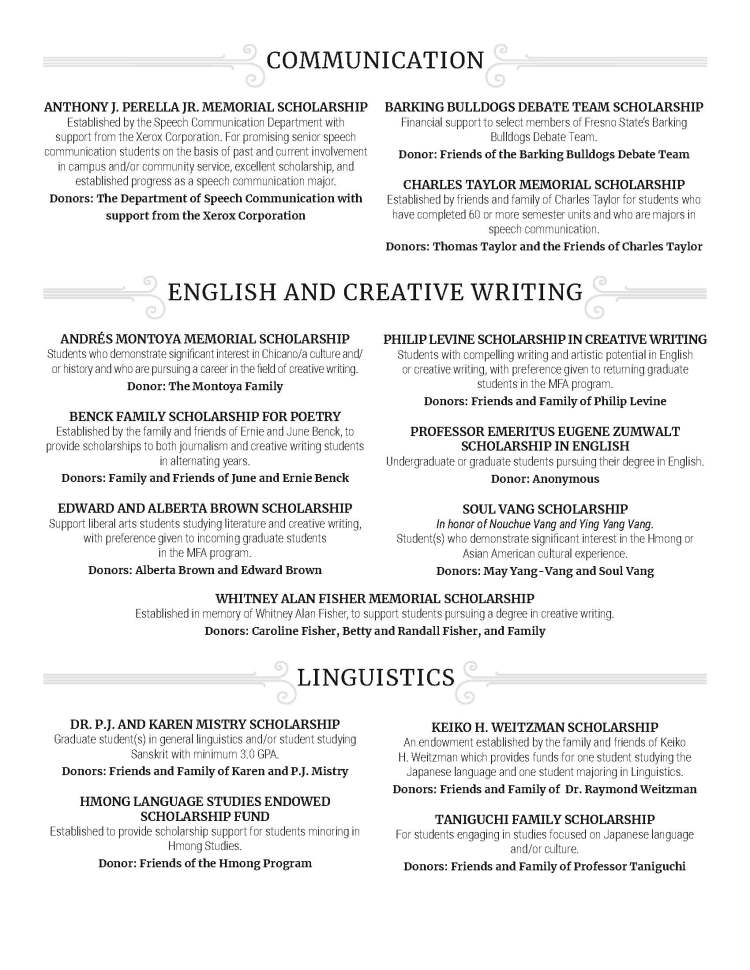 ANTHONY J. PERELLA JR. MEMORIAL SCHOLARSHIP Established by the Speech Communication Department with support from the Xerox Corporation. For promising senior speech communication students on the basis of past and current involvement in campus and/or community service, excellent scholarship, and established progress as a speech communication major. Donors: The Department of Speech Communication with support from the Xerox Corporation ENGLISH AND CREATIVE WRITING BARKING BULLDOGS DEBATE TEAM SCHOLARSHIP Financial support to select members of Fresno State’s Barking Bulldogs Debate Team. Donor: Friends of the Barking Bulldogs Debate Team CHARLES TAYLOR MEMORIAL SCHOLARSHIP Established by friends and family of Charles Taylor for students who have completed 60 or more semester units and who are majors in speech communication. Donors: Thomas Taylor and the Friends of Charles Taylor ANDRÉS MONTOYA MEMORIAL SCHOLARSHIP Students who demonstrate significant interest in Chicano/a culture and/ or history and who are pursuing a career in the field of creative writing. Donor: The Montoya Family BENCK FAMILY SCHOLARSHIP FOR POETRY Established by the family and friends of Ernie and June Benck, to provide scholarships to both journalism and creative writing students in alternating years. Donors: Family and Friends of June and Ernie Benck EDWARD AND ALBERTA BROWN SCHOLARSHIP Support liberal arts students studying literature and creative writing, with preference given to incoming graduate students in the MFA program. Donors: Alberta Brown and Edward Brown LINGUISTICS PHILIP LEVINE SCHOLARSHIP IN CREATIVE WRITING Students with compelling writing and artistic potential in English or creative writing, with preference given to returning graduate students in the MFA program. Donors: Friends and Family of Philip Levine PROFESSOR EMERITUS EUGENE ZUMWALT SCHOLARSHIP IN ENGLISH Undergraduate or graduate students pursuing their degree in English. Donor: Anonymous SOUL VANG SCHOLARSHIP In honor of Nouchue Vang and Ying Yang Vang. Student(s) who demonstrate significant interest in the Hmong or Asian American cultural experience. Donors: May Yang-Vang and Soul Vang WHITNEY ALAN FISHER MEMORIAL SCHOLARSHIP Established in memory of Whitney Alan Fisher, to support students pursuing a degree in creative writing. Donors: Caroline Fisher, Betty and Randall Fisher, and Family DR. P.J. AND KAREN MISTRY SCHOLARSHIP Graduate student(s) in general linguistics and/or student studying Sanskrit with minimum 3.0 GPA. Donors: Friends and Family of Karen and P.J. Mistry HMONG LANGUAGE STUDIES ENDOWED SCHOLARSHIP FUND Established to provide scholarship support for students minoring in Hmong Studies. Donor: Friends of the Hmong Program KEIKO H. WEITZMAN SCHOLARSHIP An endowment established by the family and friends of Keiko H. Weitzman which provides funds for one student studying the Japanese language and one student majoring in Linguistics. Donors: Friends and Family of Dr. Raymond Weitzman TANIGUCHI FAMILY SCHOLARSHIP For students engaging in studies focused on Japanese language and/or culture. Donors: Friends and Family of Professor Taniguchi