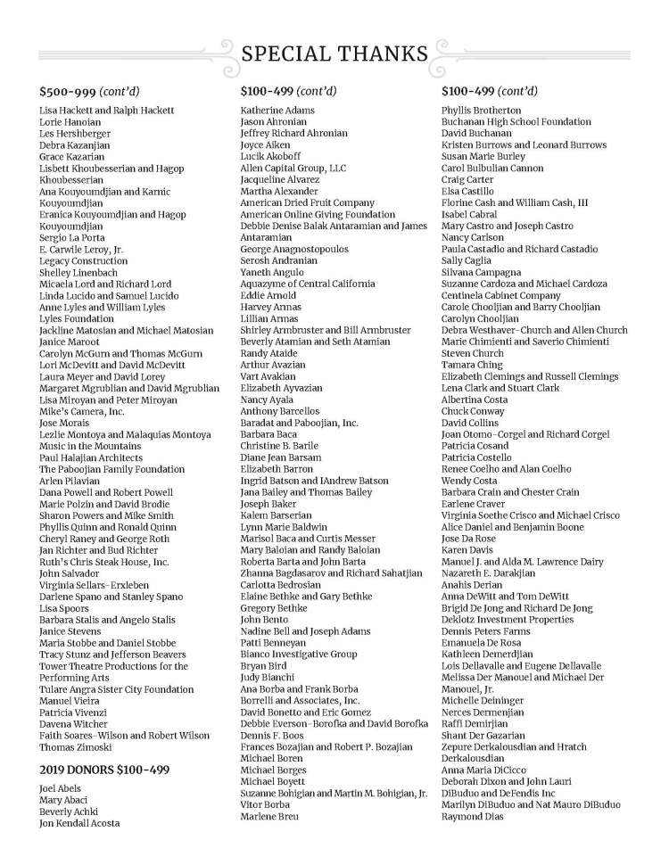 $500-999 (cont’d) Lisa Hackett and Ralph Hackett Lorie Hanoian Les Hershberger Debra Kazanjian Grace Kazarian Lisbett Khoubesserian and Hagop Khoubesserian Ana Kouyoumdjian and Karnic Kouyoumdjian Eranica Kouyoumdjian and Hagop Kouyoumdjian Sergio La Porta E. Carwile Leroy, Jr. Legacy Construction Shelley Linenbach Micaela Lord and Richard Lord Linda Lucido and Samuel Lucido Anne Lyles and William Lyles Lyles Foundation Jackline Matosian and Michael Matosian Janice Maroot Carolyn McGurn and Thomas McGurn Lori McDevitt and David McDevitt Laura Meyer and David Lorey Margaret Mgrublian and David Mgrublian Lisa Miroyan and Peter Miroyan Mike’s Camera, Inc. Jose Morais Lezlie Montoya and Malaquias Montoya Music in the Mountains Paul Halajian Architects The Paboojian Family Foundation Arlen Pilavian Dana Powell and Robert Powell Marie Polzin and David Brodie Sharon Powers and Mike Smith Phyllis Quinn and Ronald Quinn Cheryl Raney and George Roth Jan Richter and Bud Richter Ruth’s Chris Steak House, Inc. John Salvador Virginia Sellars-Erxleben Darlene Spano and Stanley Spano Lisa Spoors Barbara Stalis and Angelo Stalis Janice Stevens Maria Stobbe and Daniel Stobbe Tracy Stunz and Jefferson Beavers Tower Theatre Productions for the Performing Arts Tulare Angra Sister City Foundation Manuel Vieira Patricia Vivenzi Davena Witcher Faith Soares-Wilson and Robert Wilson Thomas Zimoski 2019 DONORS $100-499 Joel Abels Mary Abaci Beverly Achki Jon Kendall Acosta $100-499 (cont’d) Katherine Adams Jason Ahronian Jeffrey Richard Ahronian Joyce Aiken Lucik Akoboff Allen Capital Group, LLC Jacqueline Alvarez Martha Alexander American Dried Fruit Company American Online Giving Foundation Debbie Denise Balak Antaramian and James Antaramian George Anagnostopoulos Serosh Andranian Yaneth Angulo Aquazyme of Central California Eddie Arnold Harvey Armas Lillian Armas Shirley Armbruster and Bill Armbruster Beverly Atamian and Seth Atamian Randy Ataide Arthur Avazian Vart Avakian Elizabeth Ayvazian Nancy Ayala Anthony Barcellos Baradat and Paboojian, Inc. Barbara Baca Christine B. Barile Diane Jean Barsam Elizabeth Barron Ingrid Batson and IAndrew Batson Jana Bailey and Thomas Bailey Joseph Baker Kalem Barserian Lynn Marie Baldwin Marisol Baca and Curtis Messer Mary Baloian and Randy Baloian Roberta Barta and John Barta Zhanna Bagdasarov and Richard Sahatjian Carlotta Bedrosian Elaine Bethke and Gary Bethke Gregory Bethke John Bento Nadine Bell and Joseph Adams Patti Benneyan Bianco Investigative Group Bryan Bird Judy Bianchi Ana Borba and Frank Borba Borrelli and Associates, Inc. David Bonetto and Eric Gomez Debbie Everson-Borofka and David Borofka Dennis F. Boos Frances Bozajian and Robert P. Bozajian Michael Boren Michael Borges Michael Boyett Suzanne Bohigian and Martin M. Bohigian, Jr. Vitor Borba Marlene Breu $100-499 (cont’d) Phyllis Brotherton Buchanan High School Foundation David Buchanan Kristen Burrows and Leonard Burrows Susan Marie Burley Carol Bulbulian Cannon Craig Carter Elsa Castillo Florine Cash and William Cash, III Isabel Cabral Mary Castro and Joseph Castro Nancy Carlson Paula Castadio and Richard Castadio Sally Caglia Silvana Campagna Suzanne Cardoza and Michael Cardoza Centinela Cabinet Company Carole Chooljian and Barry Chooljian Carolyn Chooljian Debra Westhaver-Church and Allen Church Marie Chimienti and Saverio Chimienti Steven Church Tamara Ching Elizabeth Clemings and Russell Clemings Lena Clark and Stuart Clark Albertina Costa Chuck Conway David Collins Joan Otomo-Corgel and Richard Corgel Patricia Cosand Patricia Costello Renee Coelho and Alan Coelho Wendy Costa Barbara Crain and Chester Crain Earlene Craver Virginia Soethe Crisco and Michael Crisco Alice Daniel and Benjamin Boone Jose Da Rose Karen Davis Manuel J. and Alda M. Lawrence Dairy Nazareth E. Darakjian Anahis Derian Anna DeWitt and Tom DeWitt Brigid De Jong and Richard De Jong Deklotz Investment Properties Dennis Peters Farms Emanuela De Rosa Kathleen Demerdjian Lois Dellavalle and Eugene Dellavalle Melissa Der Manouel and Michael Der Manouel, Jr. Michelle Deininger Nerces Dermenjian Raffi Demirjian Shant Der Gazarian Zepure Derkalousdian and Hratch Derkalousdian Anna Maria DiCicco Deborah Dixon and John Lauri DiBuduo and DeFendis Inc Marilyn DiBuduo and Nat Mauro DiBuduo Raymond Dias