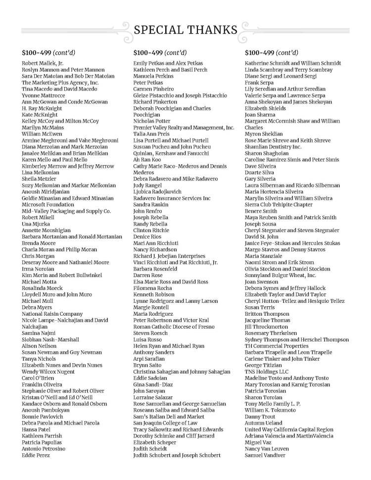 SPECIAL THANKS - $100-499 (cont’d) Robert Mallek, Jr. Roslyn Mannon and Peter Mannon Sara Der Matoian and Bob Der Matoian The Marketing Plus Agency, Inc. Tina Macedo and David Macedo Yvonne Mattrocce Ann McGowan and Conde McGowan H. Ray McKnight Kate McKnight Kelley McCoy and Milton McCoy Marilyn McMains William McEwen Armine Meghrouni and Vahe Meghrouni Diana Merzoian and Mark Merzoian Janalee Melikian and Brian Melikian Karen Mello and Paul Mello Kimberley Merrow and Jeffrey Merrow Lina Melkonian Sheila Metzler Suzy Melkonian and Markar Melkonian Anoush Miridjanian Goldie Minasian and Edward Minasian Microsoft Foundation Mid-Valley Packaging and Supply Co. Robert Mikell Una Mjurka Annette Moushigian Barbara Mortanian and Ronald Mortanian Brenda Moore Charla Moran and Philip Moran Chris Morgan Deseray Moore and Nathaniel Moore Irma Noroian Kim Morin and Robert Bullwinkel Michael Motta Rosalinda Moeck Lloydell Muro and John Muro Michael Mull Debra Myers National Raisin Company Nicole Lampe-Nalchajian and David Nalchajian Samina Najmi Siobhan Nash-Marshall Alison Neilson Susan Newman and Guy Newman Tanya Nichols Elizabeth Nunes and Devin Nunes Wendy Wilcox Nugent Carol O’Brien Franklin Oliveira Stephanie Oliver and Robert Oliver Kristan O’Neill and Ed O’Neill Kandace Osborn and Ronald Osborn Anoush Pambukyan Bonnie Pavlovich Debra Parola and Michael Parola Hansa Patel Kathleen Parrish Patricia Papulias Antonio Petrosino Eddie Perez $100-499 (cont’d) Emily Petkas and Alex Petkas Kathleen Perch and Basil Perch Manuela Perkins Peter Petkas Carmen Pinheiro Gleize Pistacchio and Joseph Pistacchio Richard Pinkerton Deborah Poochigian and Charles Poochigian Nicholas Potter Premier Valley Realty and Management, Inc. Talia Ann Preis Lisa Purtell and Michael Purtell Susuan Pucheu and John Pucheu Quinlan, Kershaw and Fanucchi Ah Ran Koo Cathy Marie Raco-Mederos and Dennis Mederos Debra Radavero and Mike Radavero Judy Rangel Ljubica Radojkovich Radavero Insurance Services Inc Sandra Rankin John Renfro Joseph Rebella Randy Rebella Clinton Ritchie Denice Rios Mari Ann Ricchiuti Nancy Richardson Richard J. Jebejian Enterprises Vinci Ricchiuti and Pat Ricchiuti, Jr. Barbara Rosenfeld Darren Rose Elsa Marie Ross and David Ross Filomena Rocha Kenneth Robison Lynne Rodriguez and Lanny Larson Margie Rontell Maria Rodriguez Peter Robertson and Victor Kral Roman Catholic Diocese of Fresno Steven Roesch Luisa Russo Helen Ryan and Michael Ryan Anthony Sanders Arpi Sarafian Brynn Saito Christina Sahagian and Johnny Sahagian Eddie Sadoian Gina Sandi-Diaz John Saroyan Lorraine Salazar Rose Samuelian and George Samuelian Roseann Saliba and Edward Saliba Sam’s Italian Deli and Market San Joaquin College of Law Tracy Salkowitz and Richard Edwards Dorothy Schimke and Cliff Jarrard Elizabeth Scheper Judith Scheidt Judith Schubert and Joseph Schubert $100-499 (cont’d) Katherine Schmidt and William Schmidt Linda Scambray and Terry Scambray Diane Sergi and Leonard Sergi Frank Serpa Lily Seredian and Arthur Seredian Valerie Serpa and Lawrence Serpa Anna Shekoyan and James Shekoyan Elizabeth Shields Joan Sharma Margaret McCormish Shaw and William Charles Myron Sheklian Rose Marie Shreve and Keith Shreve Shamlian Dentistry Inc. Sharon Shaghoian Caroline Ramirez Simis and Peter Simis Dave Silveira Duarte Silva Gary Silveria Laura Silberman and Ricardo Silberman Maria Hortencia Silveira Marylin Silveira and William Silveira Sierra Club Tehipite Chapter Benere Smith Maya Reuben Smith and Patrick Smith Joseph Sousa Cheryl Stegmaier and Steven Stegmaier David St. John Janice Feye-Stukas and Hercules Stukas Margo Stavros and Denny Stavros Maria Stanziale Naomi Strom and Erik Strom Olivia Stockton and Daniel Stockton Sunnyland Bulgur Wheat, Inc. Joan Swenson Debora Symes and Jeffrey Hallock Elizabeth Taylor and David Taylor Cheryl Hutton-Tellez and Hesiquio Tellez Susan Terris Britton Thompson Jacqueline Thomas Jill Throckmorton Rosemary Therkelsen Sydney Thompson and Herschel Thompson TH Commercial Properties Barbara Tirapelle and Leon Tirapelle Carlene Tinker and John Tinker George Titizian TNS Holdings LLC Madeline Tosto and Anthony Tosto Mary Torosian and Karnig Torosian Patricia Torosian Sharon Toroian Tony Mello Family L. P. William K. Tokumoto Danny Trout Autumn Ueland United Way California Capital Region Adriana Valencia and MartinValencia Miguel Vaz Nancy Van Leuven Samuel Vandiver