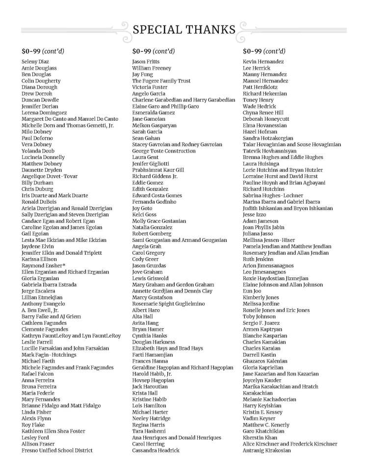 SPECIAL THANKS - $0-99 (cont’d) Seleny Diaz Amie Douglass Ben Douglas Colin Dougherty Diana Dorough Drew Dorroh Duncan Dowdle Jennifer Dorian Lorena Dominguez Margaret Do Canto and Manuel Do Canto Michelle Dorn and Thomas Gemetti, Jr. Milo Dobney Paul Doforno Vera Dobney Yolanda Doub Lucineia Donnelly Matthew Dobney Daunette Dryden Angelique Duvet-Tovar Billy Durham Chris Duburg Iris Duarte and Mark Duarte Ronald DuBois Ariela Dzerigian and Ronald Dzerigian Sally Dzerigian and Steven Dzerigian Candace Egan and Robert Egan Caroline Egoian and James Egoian Gail Egoian Lesta Mae Ekizian and Mike Ekizian Jaydene Elvin Jennifer Elkin and Donald Triplett Karissa Ellison Raymond Ensher* Ellen Erganian and Richard Erganian Gloria Erganian Gabriela Ibarra Estrada Jorge Escalera Lillian Etmekjian Anthony Evangelo A. Ben Ewell, Jr. Barry Falke and AJ Griem Cathleen Fagundes Clemente Fagundes Kathryn FauntLeRoy and Lyn FauntLeRoy Leslie Farrell Lucille Farsakian and John Farsakian Mark Fagin-Hutchings Michael Faeth Michele Fagundes and Frank Fagundes Rafael Falcon Anna Ferreira Bruna Ferreira Maria Federle Mary Fernandes Brianne Fidalgo and Matt Fidalgo Linda Fisher Alexis Flynn Roy Flake Kathleen Ellen Shea Foster Lesley Ford Allison Fraser Fresno Unified School District $0-99 (cont’d) Jason Fritts William Freeney Jay Fung The Fugere Family Trust Victoria Fuster Angelo Garcia Charlene Garabedian and Harry Garabedian Elaine Garo and Phillip Garo Esmeralda Gamez Jane Gamoian Melkon Gasparyan Sarah Garcia Sean Gahan Stacey Gavroian and Rodney Gavroian George Toste Construction Laura Gent Jenifer Gigliotti Prabhsimrat Kaur Gill Richard Giddens Jr. Eddie Gomez Edith Gonzalez Edward Costa Gomes Fernanda Godinho Joy Goto Kelci Goss Molly Grace Gostanian Natalia Gonzalez Robert Gomberg Sami Gougasian and Armand Gougasian Angela Grah Carol Gregory Cody Greer Jason Gruzdas Jove Graham Lewis Griswold Mary Graham and Gordon Graham Annette Gurdjian and Dennis Clay Marcy Gustafson Rosemarie Spight Guglielmino Albert Haro Alta Hall Avita Hang Bryan Hamer Cynthia Hanks Douglas Harkness Elizabeth Hays and Brad Hays Farti Hamamjian Frances Hanna Geraldine Hagopian and Richard Hagopian Harold Habib, Jr. Hovsep Hagopian Jack Haroutian Krista Hall Kristine Habib Lois Hamilton Michael Harter Neeley Hatridge Regina Harris Tara Hashemi Ana Henriques and Donald Henriques Carol Herring Cassandra Headrick $0-99 (cont’d) Kevin Hernandez Lee Herrick Manny Hernandez Manuel Hernandez Patt Herdklotz Richard Hekemian Toney Henry Wade Hedrick Chyna Renee Hill Deborah Honeycutt Elma Hovanessian Hazel Hofman Sandra Hotzakorgian Talar Hovagimian and Souse Hovagimian Tatevik Hovhannisyan Brenna Hughes and Eddie Hughes Laura Huisinga Lorie Hutchins and Bryan Hutzler Lorraine Hurst and David Hurst Pauline Huynh and Brian Agbayani Richard Hutchins Sabrina Hughes-Lochner Marina Ibarra and Gabriel Ibarra Judith Ishkanian and Bryon Ishkanian Jesse Izzo Adam Jameson Joan Phyllis Jabin Juliana Jasso Mellissa Jessen-Hiser Pamela Jendian and Matthew Jendian Rosemary Jendian and Allan Jendian Ruth Jenkins Arion Jimensanagnos Leo Jimesanagnos Roxie Haydostian Jizmejian Elaine Johnson and Allan Johnson Eun Joo Kimberly Jones Melissa Jordine Ronelle Jones and Eric Jones Toby Johnson Sergio F. Juarez Armen Kaptryan Blanche Kasparian Charles Kamakian Charles Karaian Darrell Kastin Ghazaros Kalenian Gloria Kaprielian Jane Kazarian and Ron Kazarian Joycelyn Kauder Marika Karakachian and Hratch Karakachian Melanie Kachadoorian Harry Keyishian Kristin E. Kessey Vadim Keyser Matthew C. Kenerly Garo Khatchikian Kherstin Khan Alice Kirschner and Frederick Kirschner Antranig Kirakosian