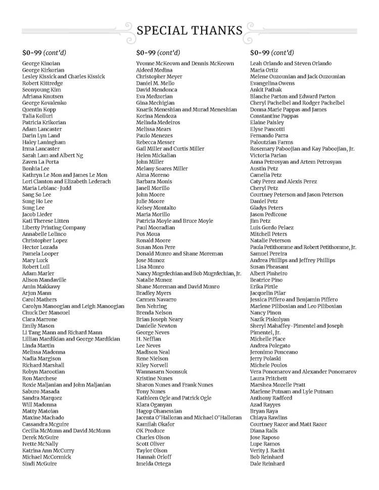 SPECIAL THANKS - $0-99 (cont’d) George Kinoian George Kirkorian Lesley Kissick and Charles Kissick Robert Kittredge Seonyoung Kim Adriana Knutsen George Kovalenko Quentin Kopp Talia Kolluri Patricia Krikorian Adam Lancaster Darin Lyn Land Haley Laningham Irma Lancaster Sarah Lam and Albert Ng Zaven La Porta Bonhia Lee Kathryn Le Mon and James Le Mon Lori Clanton and Elizabeth Lederach Maria Leblanc-Judd Sang So Lee Sung Ho Lee Sung Lee Jacob Lieder Kati Therese Litten Liberty Printing Company Annabelle Lolinco Christopher Lopez Hector Lozada Pamela Looper Mary Luck Robert Lull Adam Marler Alison Mandaville Amin Makkawy Arjun Mann Carol Mathers Carolyn Manoogian and Leigh Manoogian Chuck Der Manouel Clara Marrone Emily Mason Li Tang Mann and Richard Mann Lillian Mardikian and George Mardikian Linda Martin Melissa Madonna Nadia Margison Richard Marshall Robyn Marootian Ron Marchese Roxie Maljanian and John Maljanian Saburo Masada Sandra Marquez Will Madonna Matty Matoian Maxine Machado Cassandra Mcguire Cecilia McMunn and David McMunn Derek McGuire Ivette McNally Katrina Ann McCurry Michael McCormick Sindi McGuire $0-99 (cont’d) Yvonne McKeown and Dennis McKeown Aideed Medina Christopher Meyer Daniel M. Mello David Mendonca Eva Medzorian Gina Mechigian Knarik Meneshian and Murad Meneshian Korina Mendoza Melinda Medeiros Melissa Mears Paulo Menezes Rebecca Messer Gail Miller and Curtis Miller Helen Mickalian John Miller Melany Soares Miller Alma Moreno Barbara Monis Janell Morillo John Moore Julie Moore Kelsey Montalto Maria Morillo Patricia Moyle and Bruce Moyle Paul Mooradian Pos Moua Ronald Moore Susan Mon Pere Donald Munro and Shane Moreman Jose Munoz Lisa Munro Nancy Mugrdechian and Bob Mugrdechian, Jr. Natalie Munoz Shane Moreman and David Munro Bradley Myers Carmen Navarro Ben Nehring Brenda Nelson Brian Joseph Neary Danielle Newton George Neves H. Neffian Lee Neves Madison Neal Rene Nielson Kiley Norvell Wannasarn Noonsuk Kristine Nunes Sharon Nunes and Frank Nunes Tony Nunes Kathleen Ogle and Patrick Ogle Klara Oganyan Hagop Ohanessian Jacenta O’Halloran and Michael O’Halloran Kamilah Okafor OK Produce Charles Olson Scott Oliver Taylor Olson Hannah Orloff Imelda Ortega $0-99 (cont’d) Leah Orlando and Steven Orlando Maria Ortiz Melene Ouzounian and Jack Ouzounian Evangelina Owens Ankit Pathak Blanche Parton and Edward Parton Cheryl Pachelbel and Rodger Pachelbel Donna Marie Pappas and James Constantine Pappas Elaine Paisley Elyse Pancotti Fernando Parra Paloutzian Farms Rosemary Paboojian and Kay Paboojian, Jr. Victoria Parian Anna Petrosyan and Artem Petrosyan Austin Petz Camelia Petz Caty Perez and Alexis Perez Cheryl Petz Courtney Peterson and Jason Peterson Daniel Petz Gladys Peters Jason Pedicone Jim Petz Luis Gordo Pelaez Mitchell Peters Natalie Peterson Paula Petithomme and Robert Petithomme, Jr. Samuel Pereira Andrea Phillips and Jeffrey Phillips Susan Pheasant Albert Pinheiro Beatrice Pino Erika Pirtle Jacquelin Pilar Jessica Piffero and Benjamin Piffero Marlene Pilibosian and Leo Pilibosian Nancy Pinon Nazik Piskulyan Sheryl Mahaffey-Pimentel and Joseph Pimentel, Jr. Michelle Place Andrea Polegato Jeronimo Ponceano Jerry Polaski Michele Poulos Vera Ponomarov and Alexander Ponomarov Laura Pritchett Marshea Mozelle Pratt Marlene Putnam and Lyle Putnam Anthony Radford Azad Rayyes Bryan Raya Chiaya Rawlins Courtney Razor and Matt Razor Diana Ralls Jose Raposo Lupe Ramos Verity J. Racht Bob Reinhard Dale Reinhard