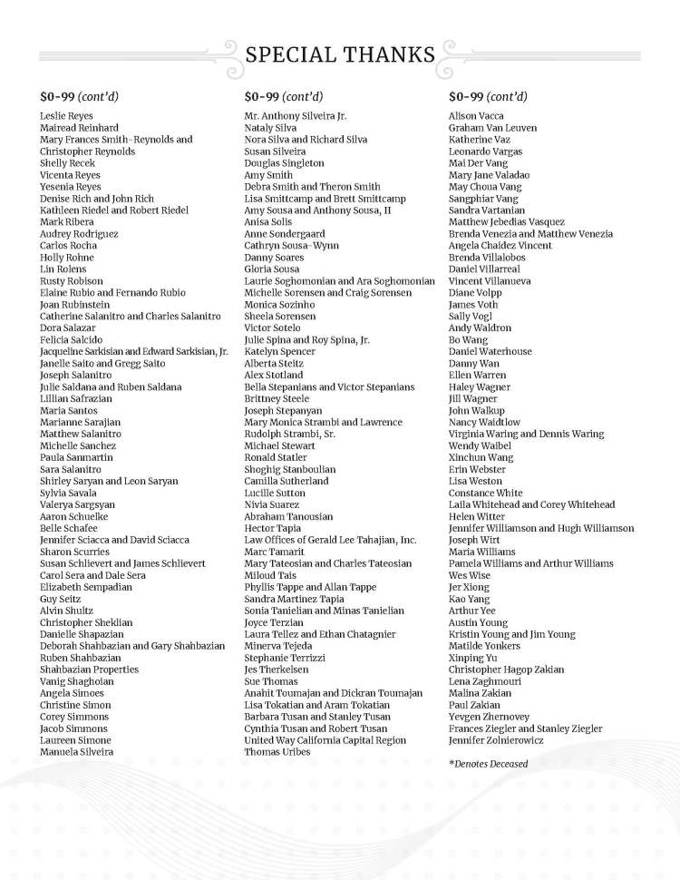SPECIAL THANKS - $0-99 (cont’d) Leslie Reyes Mairead Reinhard Mary Frances Smith-Reynolds and Christopher Reynolds Shelly Recek Vicenta Reyes Yesenia Reyes Denise Rich and John Rich Kathleen Riedel and Robert Riedel Mark Ribera Audrey Rodriguez Carlos Rocha Holly Rohne Lin Rolens Rusty Robison Elaine Rubio and Fernando Rubio Joan Rubinstein Catherine Salanitro and Charles Salanitro Dora Salazar Felicia Salcido Jacqueline Sarkisian and Edward Sarkisian, Jr. Janelle Saito and Gregg Saito Joseph Salanitro Julie Saldana and Ruben Saldana Lillian Safrazian Maria Santos Marianne Sarajian Matthew Salanitro Michelle Sanchez Paula Sanmartin Sara Salanitro Shirley Saryan and Leon Saryan Sylvia Savala Valerya Sargsyan Aaron Schuelke Belle Schafee Jennifer Sciacca and David Sciacca Sharon Scurries Susan Schlievert and James Schlievert Carol Sera and Dale Sera Elizabeth Sempadian Guy Seitz Alvin Shultz Christopher Sheklian Danielle Shapazian Deborah Shahbazian and Gary Shahbazian Ruben Shahbazian Shahbazian Properties Vanig Shaghoian Angela Simoes Christine Simon Corey Simmons Jacob Simmons Laureen Simone Manuela Silveira $0-99 (cont’d) Mr. Anthony Silveira Jr. Nataly Silva Nora Silva and Richard Silva Susan Silveira Douglas Singleton Amy Smith Debra Smith and Theron Smith Lisa Smittcamp and Brett Smittcamp Amy Sousa and Anthony Sousa, II Anisa Solis Anne Sondergaard Cathryn Sousa-Wynn Danny Soares Gloria Sousa Laurie Soghomonian and Ara Soghomonian Michelle Sorensen and Craig Sorensen Monica Sozinho Sheela Sorensen Victor Sotelo Julie Spina and Roy Spina, Jr. Katelyn Spencer Alberta Steitz Alex Stotland Bella Stepanians and Victor Stepanians Brittney Steele Joseph Stepanyan Mary Monica Strambi and Lawrence Rudolph Strambi, Sr. Michael Stewart Ronald Statler Shoghig Stanboulian Camilla Sutherland Lucille Sutton Nivia Suarez Abraham Tanousian Hector Tapia Law Offices of Gerald Lee Tahajian, Inc. Marc Tamarit Mary Tateosian and Charles Tateosian Miloud Tais Phyllis Tappe and Allan Tappe Sandra Martinez Tapia Sonia Tanielian and Minas Tanielian Joyce Terzian Laura Tellez and Ethan Chatagnier Minerva Tejeda Stephanie Terrizzi Jes Therkelsen Sue Thomas Anahit Toumajan and Dickran Toumajan Lisa Tokatian and Aram Tokatian Barbara Tusan and Stanley Tusan Cynthia Tusan and Robert Tusan United Way California Capital Region Thomas Uribes $0-99 (cont’d) Alison Vacca Graham Van Leuven Katherine Vaz Leonardo Vargas Mai Der Vang Mary Jane Valadao May Choua Vang Sangphiar Vang Sandra Vartanian Matthew Jebedias Vasquez Brenda Venezia and Matthew Venezia Angela Chaidez Vincent Brenda Villalobos Daniel Villarreal Vincent Villanueva Diane Volpp James Voth Sally Vogl Andy Waldron Bo Wang Daniel Waterhouse Danny Wan Ellen Warren Haley Wagner Jill Wagner John Walkup Nancy Waidtlow Virginia Waring and Dennis Waring Wendy Waibel Xinchun Wang Erin Webster Lisa Weston Constance White Laila Whitehead and Corey Whitehead Helen Witter Jennifer Williamson and Hugh Williamson Joseph Wirt Maria Williams Pamela Williams and Arthur Williams Wes Wise Jer Xiong Kao Yang Arthur Yee Austin Young Kristin Young and Jim Young Matilde Yonkers Xinping Yu Christopher Hagop Zakian Lena Zaghmouri Malina Zakian Paul Zakian Yevgen Zhernovey Frances Ziegler and Stanley Ziegler Jennifer Zolnierowicz *Denotes Deceased