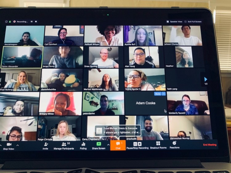 Dr. Cari Earnhardt holds the first Zoom class with the Fresno State Concert Choir on March 23, 2020.