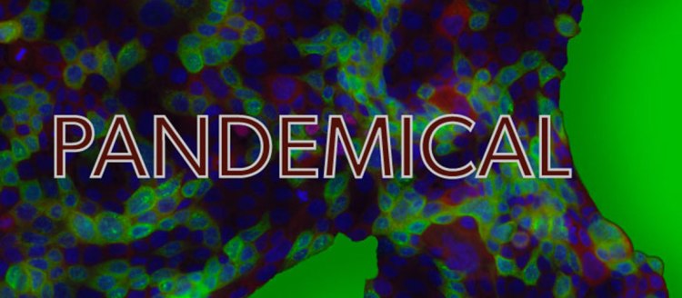 Pandemical word over an abstract green and blue background.