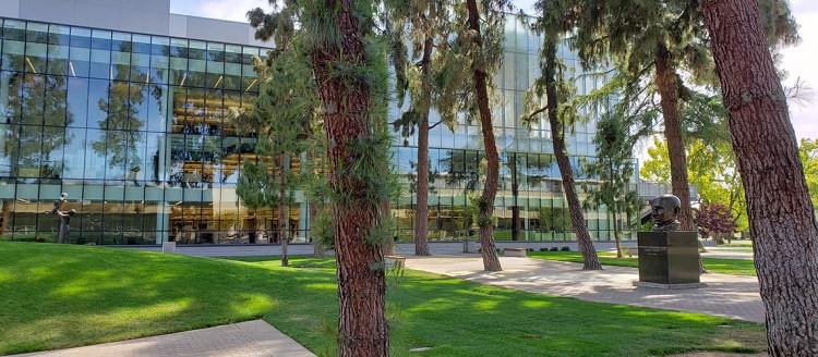 The Peace Garden with the bust of Gandhi surrounded by trees reflecting on the nearby Henry Madden Library.