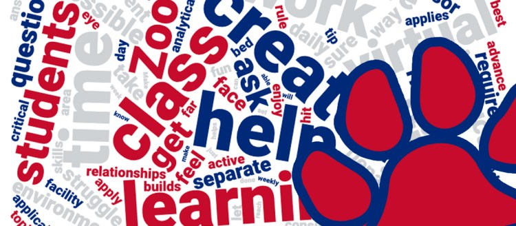 Word cloud of remote learning tips with a Bulldog paw
