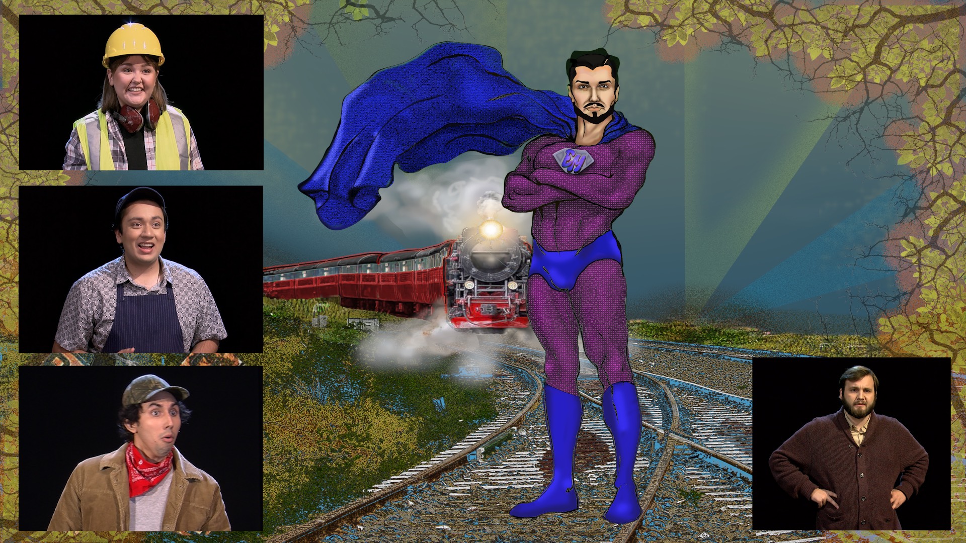 Screenshot of the final production with comic novel style artwork and actors. "Witness" Teya Juarez, "Witness" Krishan Joshi, "Witness" Andrew Trevino, "Ethic Man" - R.L. Preheim