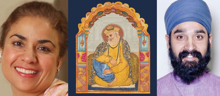 Left: Dr. Nikky Kaur Singh, Right: Dr. Simran Jeet Singh. A tapestry with an image of Guru Nanak is in the center.