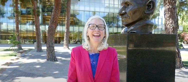 Dr. Honora Chapman, Dean of the College of Arts and Humanities in the Peace Garden at Fresno State.