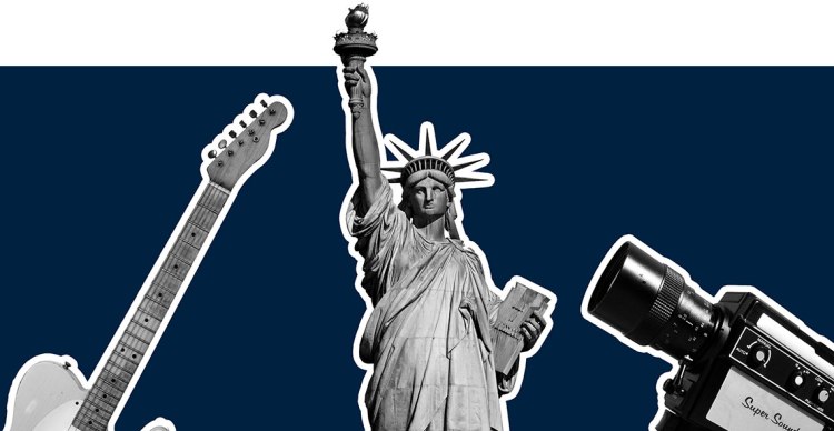 A guitar, the Statue of Liberty and a vintage video camera.