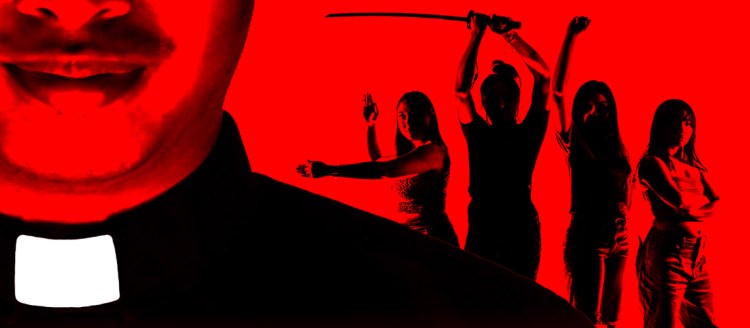 A priest stands in front of four young women in fighting poses.