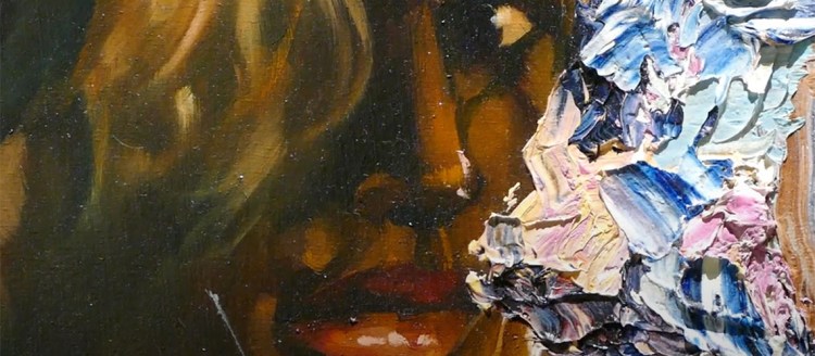 an artwork depicting a woman with blonde/black hair and red lipstick.