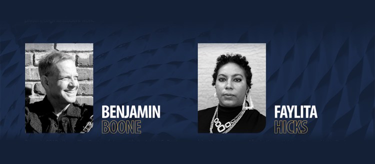 Black and white headshots of Benjamin Boone and Faylita Hicks with their names spelled out in text on a dark blue textured background.