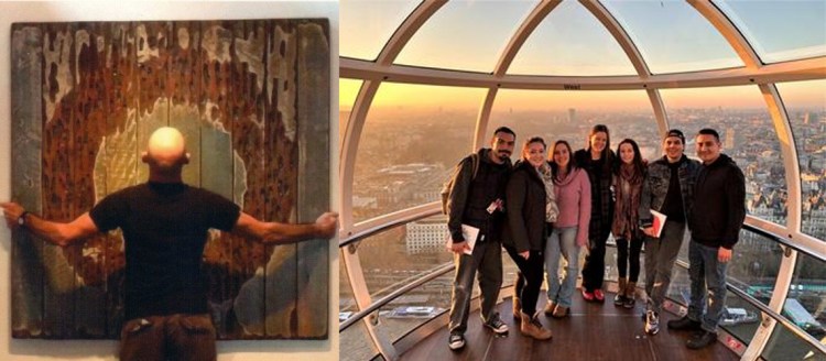 In the right third of the image, Edward O. Lund hangs a piece of art depicting a rusted letter 'O' on barn wood. On the left two thirds, a group of Fresno State students ride the London Eye as the sun sets over the city.