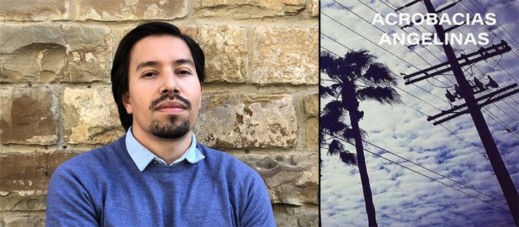 On left: Fresno State Alum Dr. Julio Puente Garcia and right the cover of his award winning book "Acrobatics Angelinas" that depicts power lines and palm trees in front of a mostly cloudy sky.