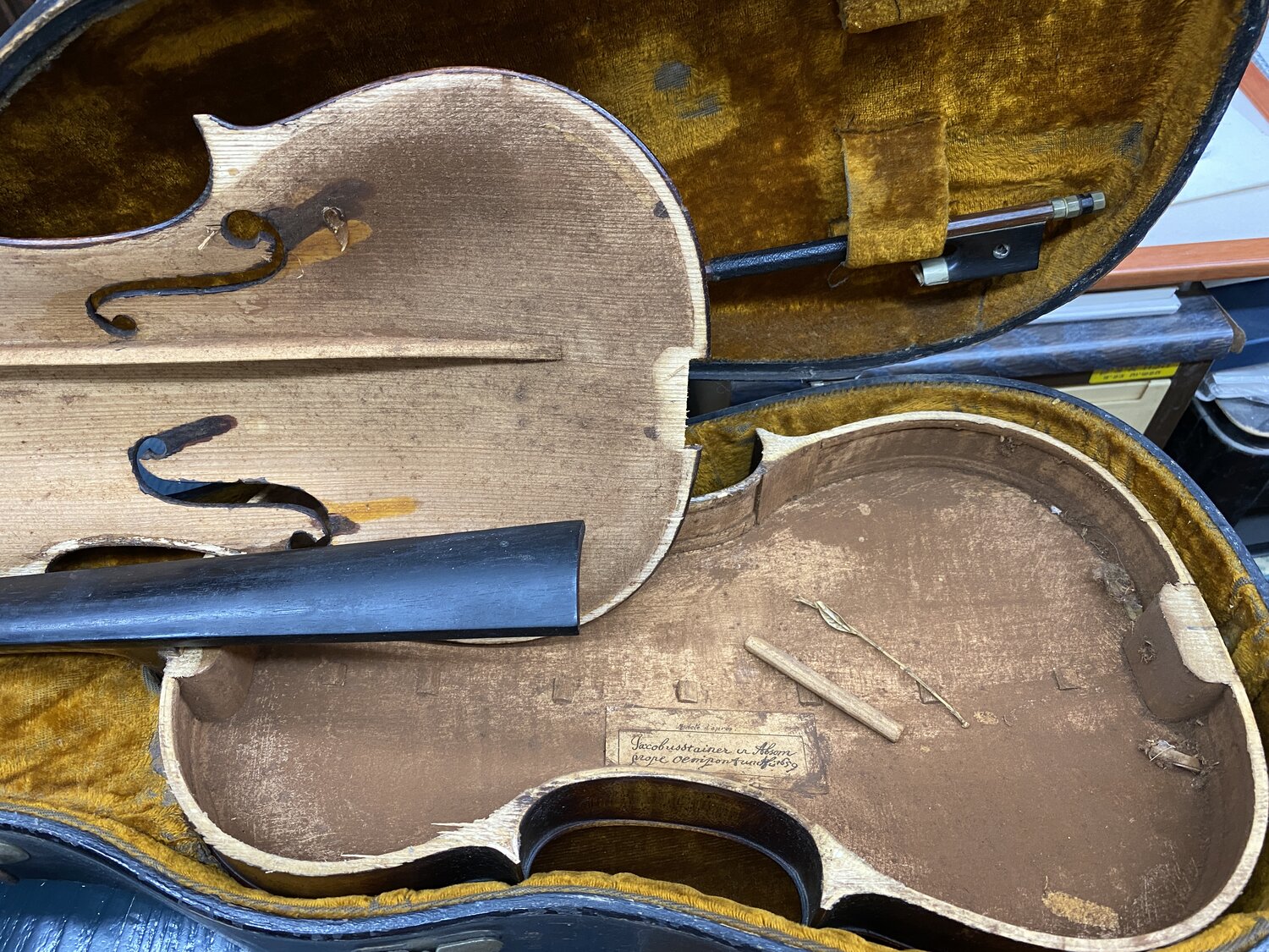 A twig and dried flower were found in this violin that was left by a Jewish violinist as a deposit for rent during World War II. He never returned and it's unknown what happened to him during the war.