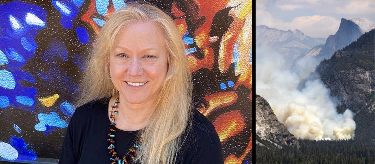 Left: Professor Joan K. Sharma in front of an abstract painting. Right: image "Controlled Burn - Yosemite" shows a forest fire on the Yosemite Valley floor below Half Dome.
