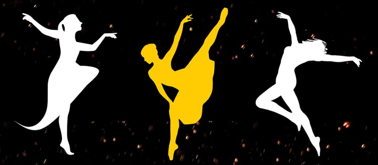 White and yellow silhouettes of three dancers on a black speckled background