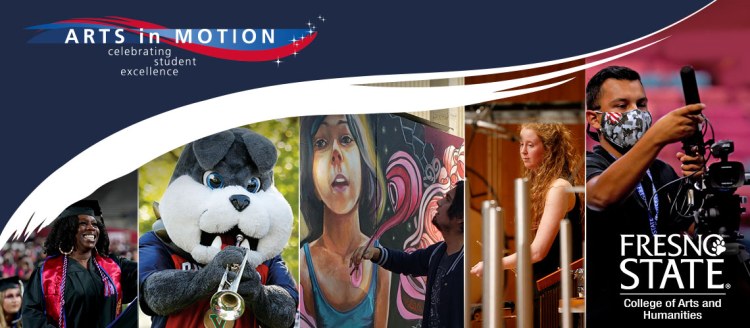 Arts in Motion, Celebrating Student Excellence with images of a graduate, mascot Victor E. playing the saxaphone, a painter creating a mural, a musician playing drums and a person operating a high-end video camera.
