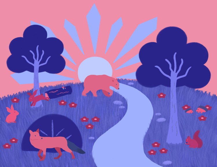 Various forest creatures on an hill with a path in this illustration by Nala Ali