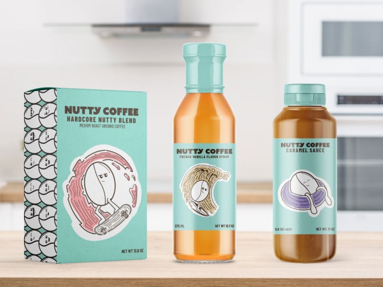 Nutty Coffee packaging with animated coffee beans by Brooke Barlow.