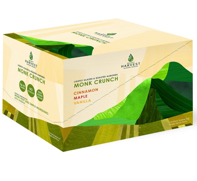 Monk Crunch almonds box contains cinnamon, maple and vanilla flavors by Isabella Gonzalez.