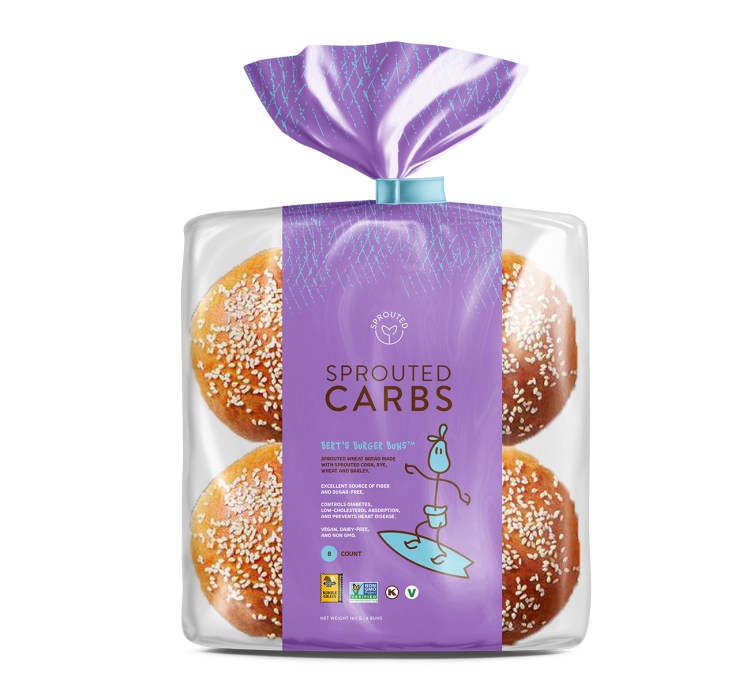 Sprouted Carbs burger buns packaging is purple with teal stick-figure surferby Isabella Gonzalez.